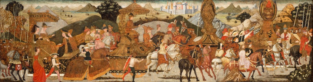 Aleksanterin riemuvoitto, noin 1485 (temepra ja kultaus paneelille). tekijältä Bernardo Rosselli