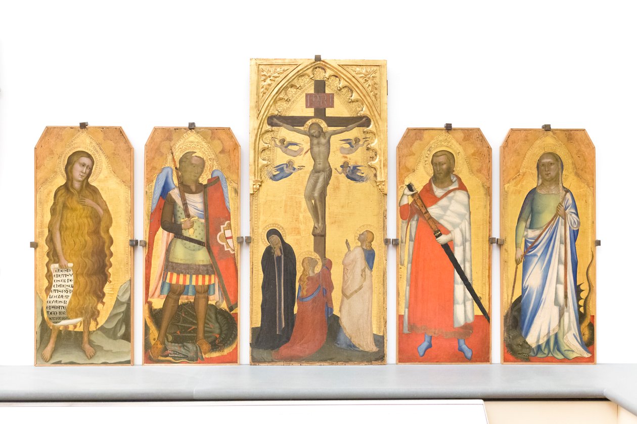 Ristiinnaulitseminen surejien ja Magdalan Marian kanssa ristin juurella tekijältä Bernardo & Simone Puccio di (fl.1345 65) Daddi