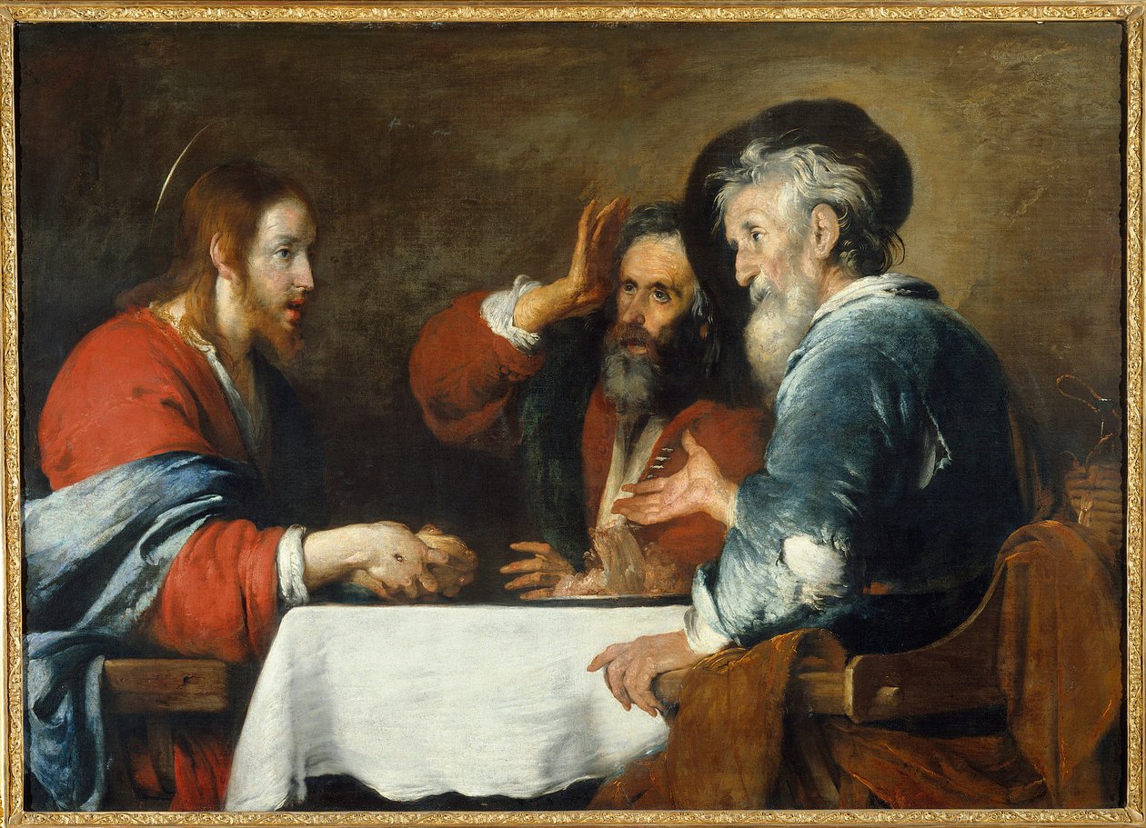Kristuksella on Emmaus Kristus ilmestyy pyhiinvaeltajille, jotka istuvat pöydässä emmauslaisen majatalon ääressä. Bernardo Strozzin (1581-1644) maalaus 1640 Su. 1,24 x 1,72 m Grenoble, Musee des Beaux Arts tekijältä Bernardo Strozzi