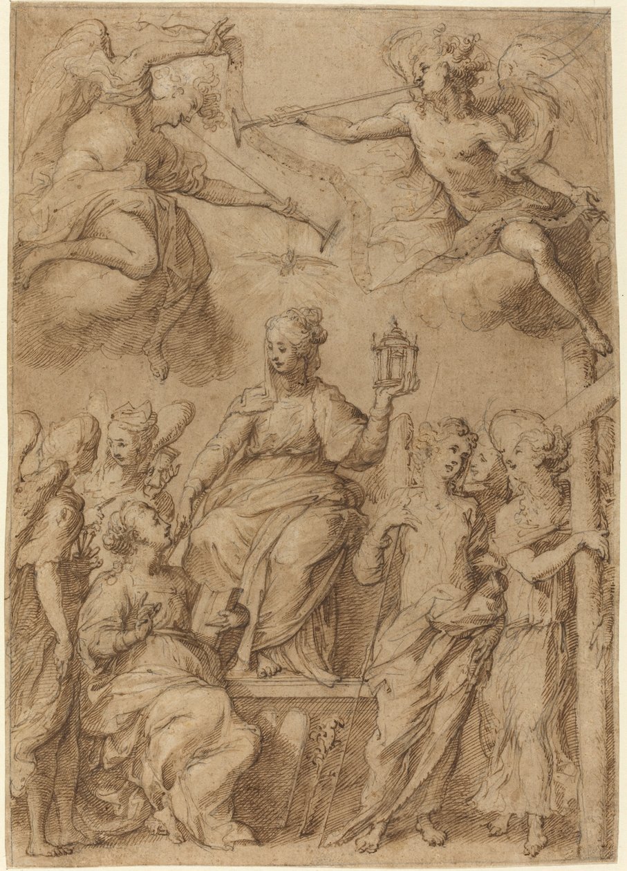 Ecclesia, jota ympäröivät enkelit, jotka pitävät kädessään passion soittimia tekijältä Bernardo Strozzi