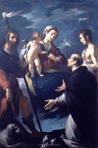 Madonna ng Rosaryo kasama sina St. Roch, St. Dominic at St. Sebastian Finn tekijältä Bernardo Strozzi