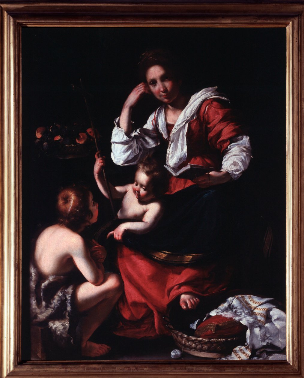 Pyhän perheen esitys Pyhän Johannes Kastajan lapsen kanssa (Pyhä perhe Pyhän Johannes Kastajan kanssa) Bernardo Strozzin (1581-1644) maalaus Genes, Musei di Strada Nuova (ex Palazzo Rosso) Italia tekijältä Bernardo Strozzi