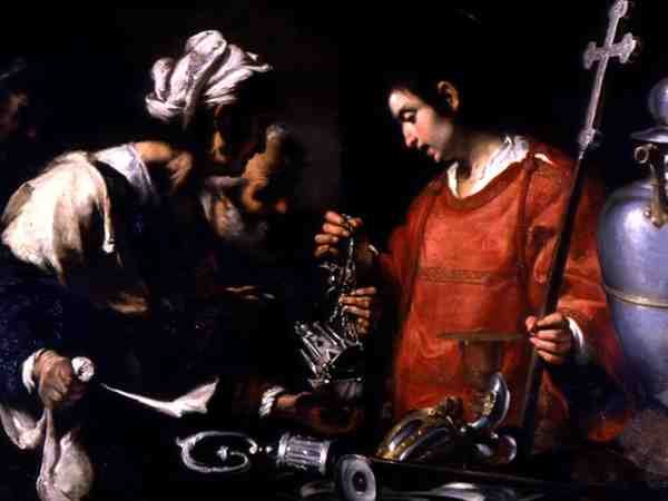 Pyhä Laurentius jakaa rikkautensa köyhille (öljy kankaalle) tekijältä Bernardo Strozzi