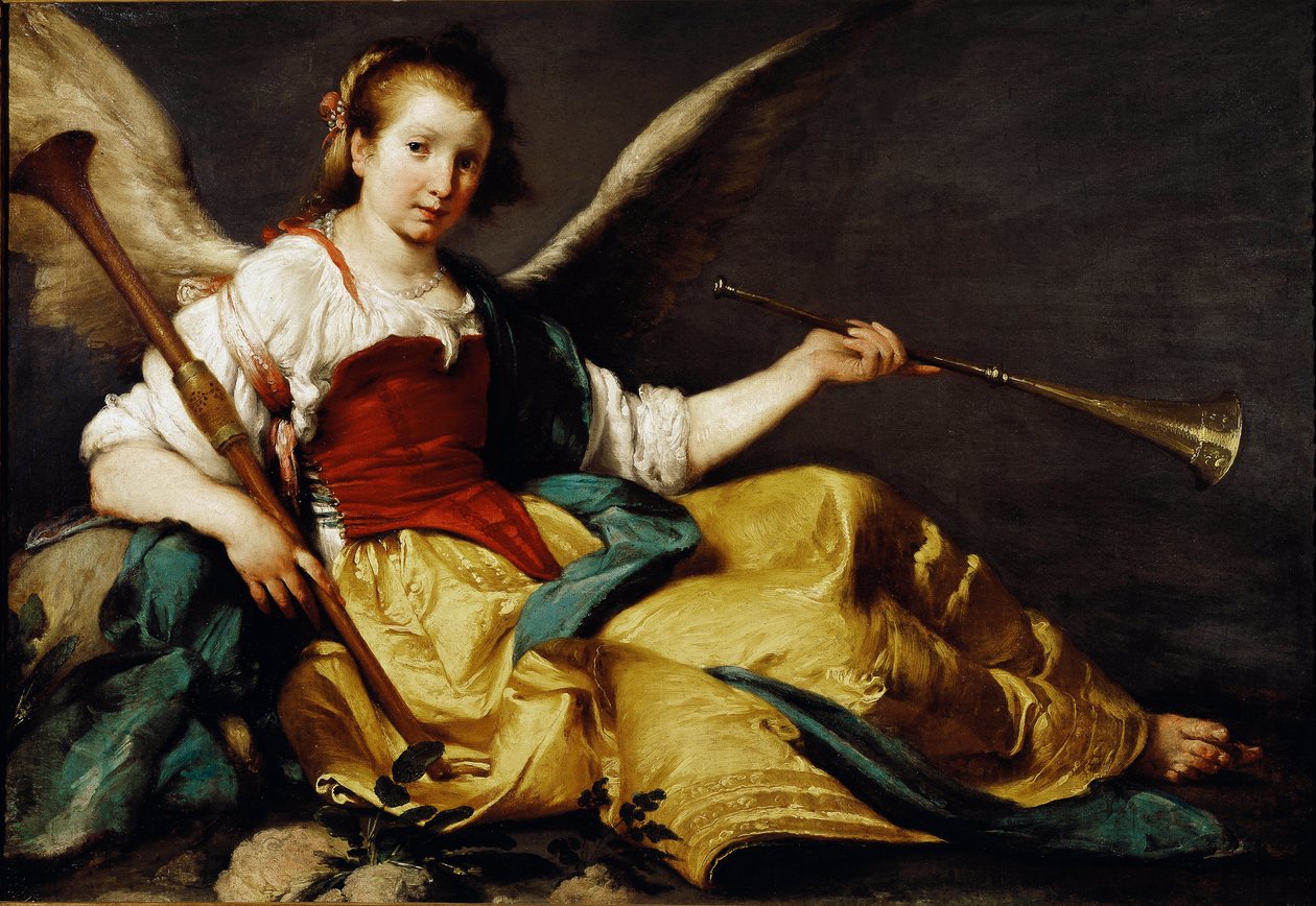 Uudelleennimeämisen allegoria Hänellä on trumpetti (vasen käsi) ja puinen chalemie (oikea käsi). Bernardo Strozzin (n. 1581-1644) maalaus. 1535-1536 Koko 106,7 x 151,7 cm National Gallery, Lontoo tekijältä Bernardo Strozzi