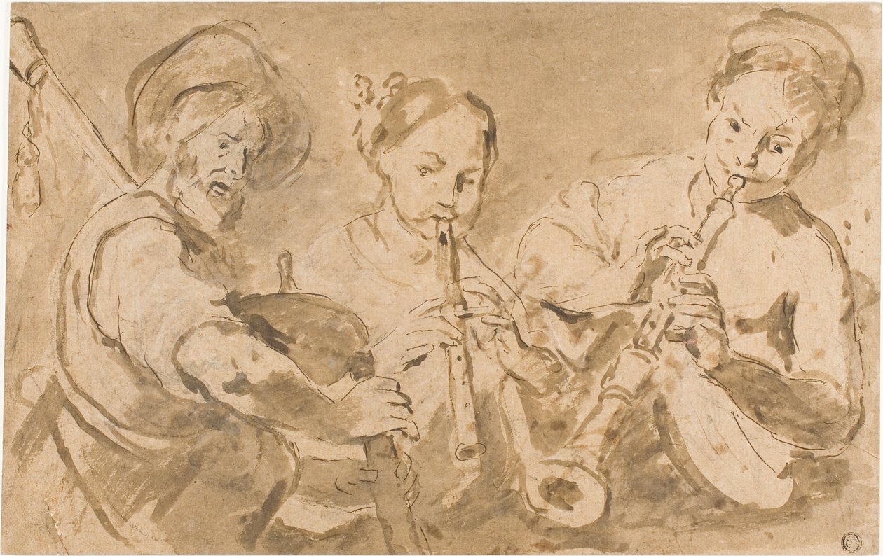 Kolme muusikkoa soittaa torvia ja piippua tekijältä Bernardo Strozzi