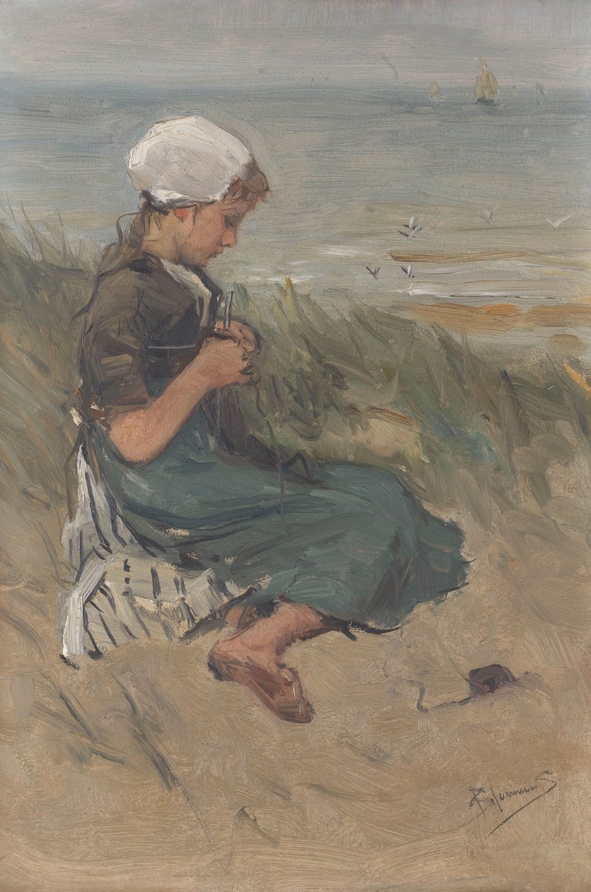 Tyttö Knitting in the Dunes tekijältä Bernardus Johannes Blommers