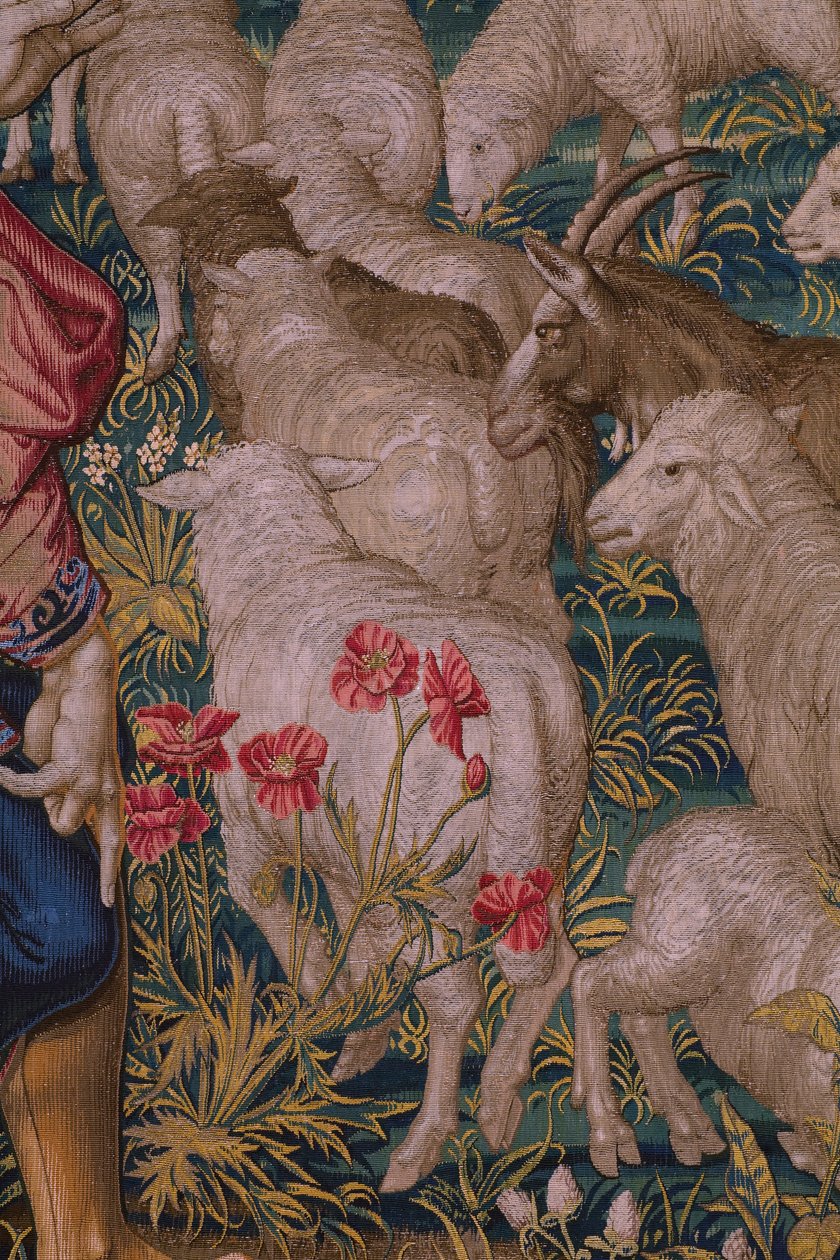 Flanderin kuvakudos. Sarja Rooman säätiö: Faustulus tapaa Romulun ja Remuksen. Sarjakuvapiirtäjä Barend van Orley (?). Brysselin valmistus. 1525-1530. Yksityiskohta. tekijältä Bernart van (attr. to) Orley