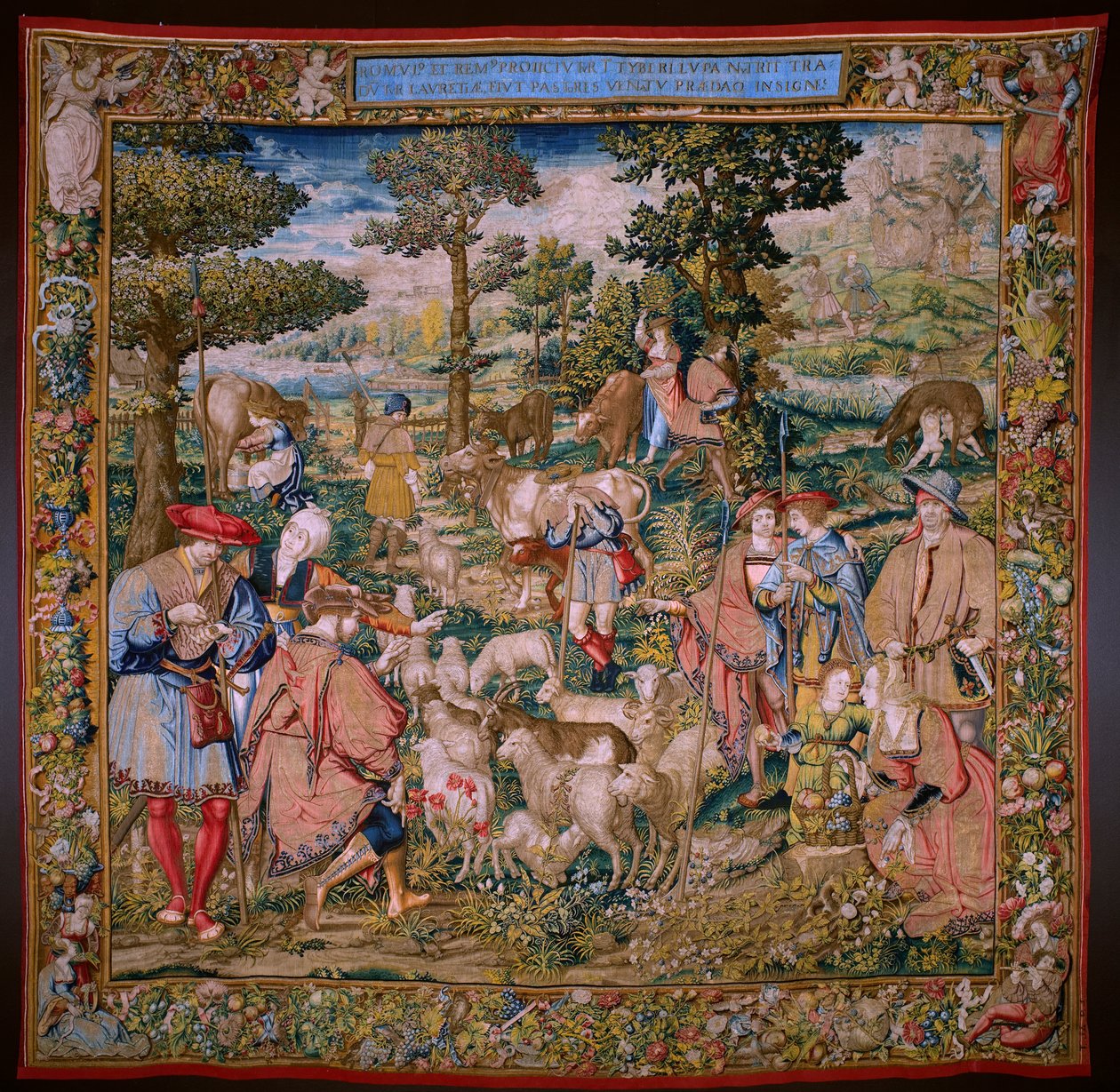 Flanderin kuvakudos. Sarja Rooman säätiö: Faustulus tapaa Romulun ja Remuksen. Sarjakuvapiirtäjä Barend van Orley (?). Brysselin valmistus. 1525-1530. tekijältä Bernart van (attr. to) Orley