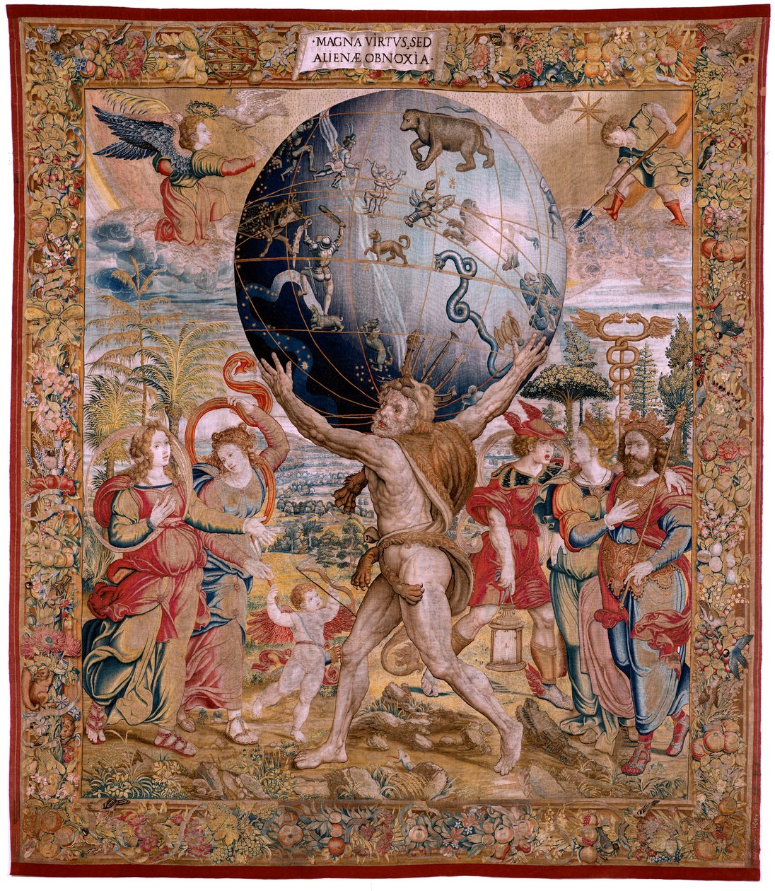 Flanderin kuvakudos. Sarja The Spheres. Taivaanpalloa tukeva Hercules (Hércules sostiene la esfera celeste). Ensimmäinen kuvakudos sarjassa. Mallina Barend van Orley tai Pieter Coecke van Aelst. 1525-1530. Valmistus Joris Vezeleer (Georg Wezeler)?, B tekijältä Bernart van (attr. to) Orley