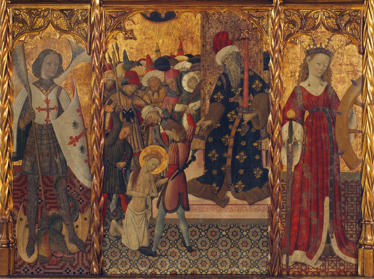 Pyhä Mikael ja pyhä Katariina, kehystävät Barcelonan pyhän Eulalian marttyyrikuolemaa (289-304) - Bernat Martorellin (1390-1452) maalaus, tempera puulle (143,5x188 cm), noin 1442-1445 - Pyhä Mikael, Pyhän marttyyrikuolema Eulalia ja Pyhä Katariina, Tem tekijältä Bernat Martorelli