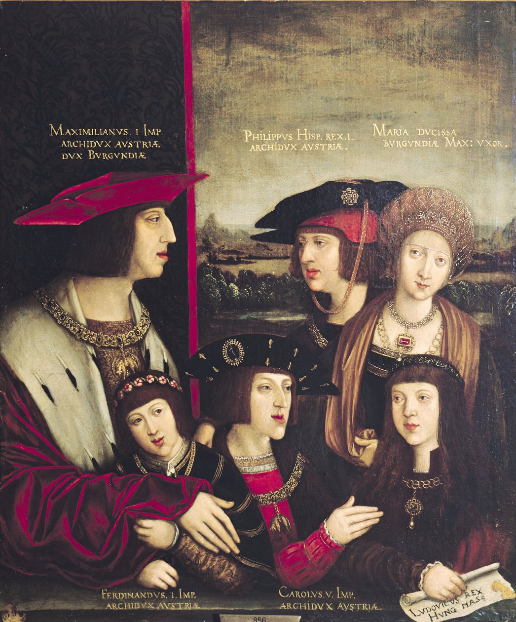 Keisari Maximilian I (1493-1519) vaimonsa Maria Burgundialaisen sekä hänen poikansa Kaarle V (1500-58) ja Filippos I (1478-1506) kanssa tekijältä Bernhard Strigel