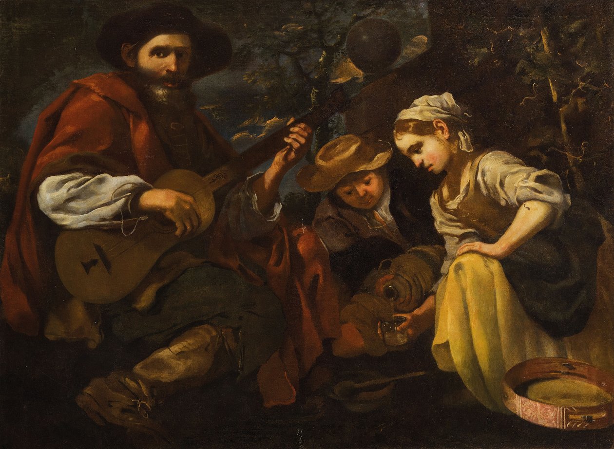 Kitaransoittaja ja poika ja tyttö (Allegory of Hearing and Taste) (Kuulon ja maun allegoria) tekijältä Bernhard Keil