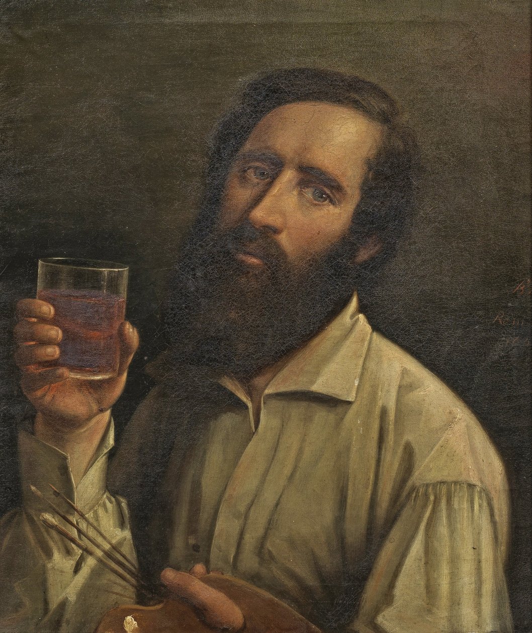 Bernhard Plockhorst - omakuva paletin ja viinimukin kanssa, 1854 tekijältä Bernhard Plockhorst