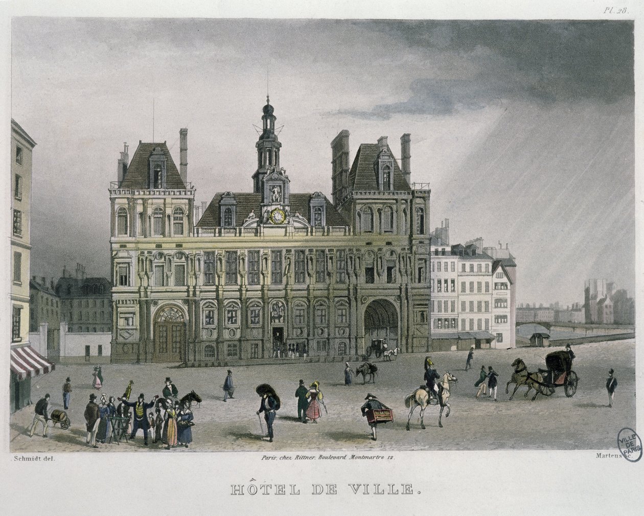 Hotel de ville, Pariisi, 1832 (värikaiverrus). tekijältä Bernhard Schmidt