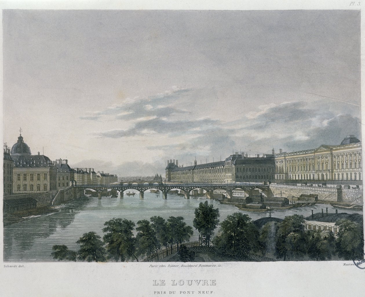 Pont tai Passerelle des Arts, Pariisi, 1832 (värikaiverrus) tekijältä Bernhard Schmidt