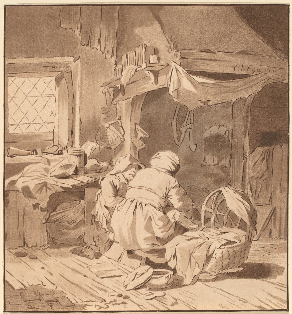 Kahden naisen talonpoikatalon sisustus, 1772, julkaistu 1787. tekijältä Bernhard Schreuder