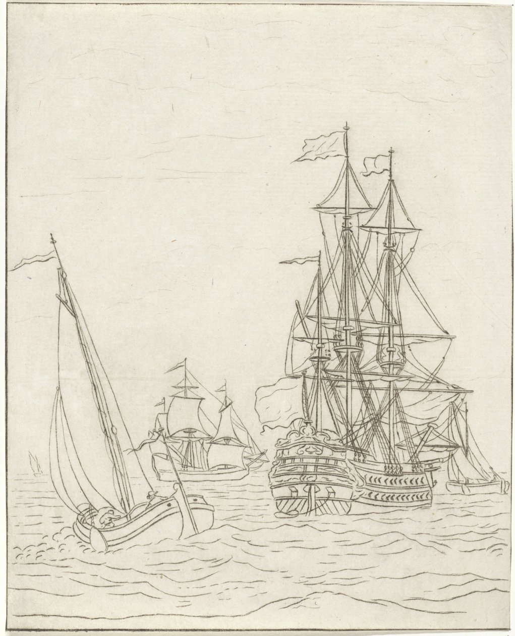 Sota-alus ja kolme purjelaivaa avomerellä tekijältä Bernhard Schreuder