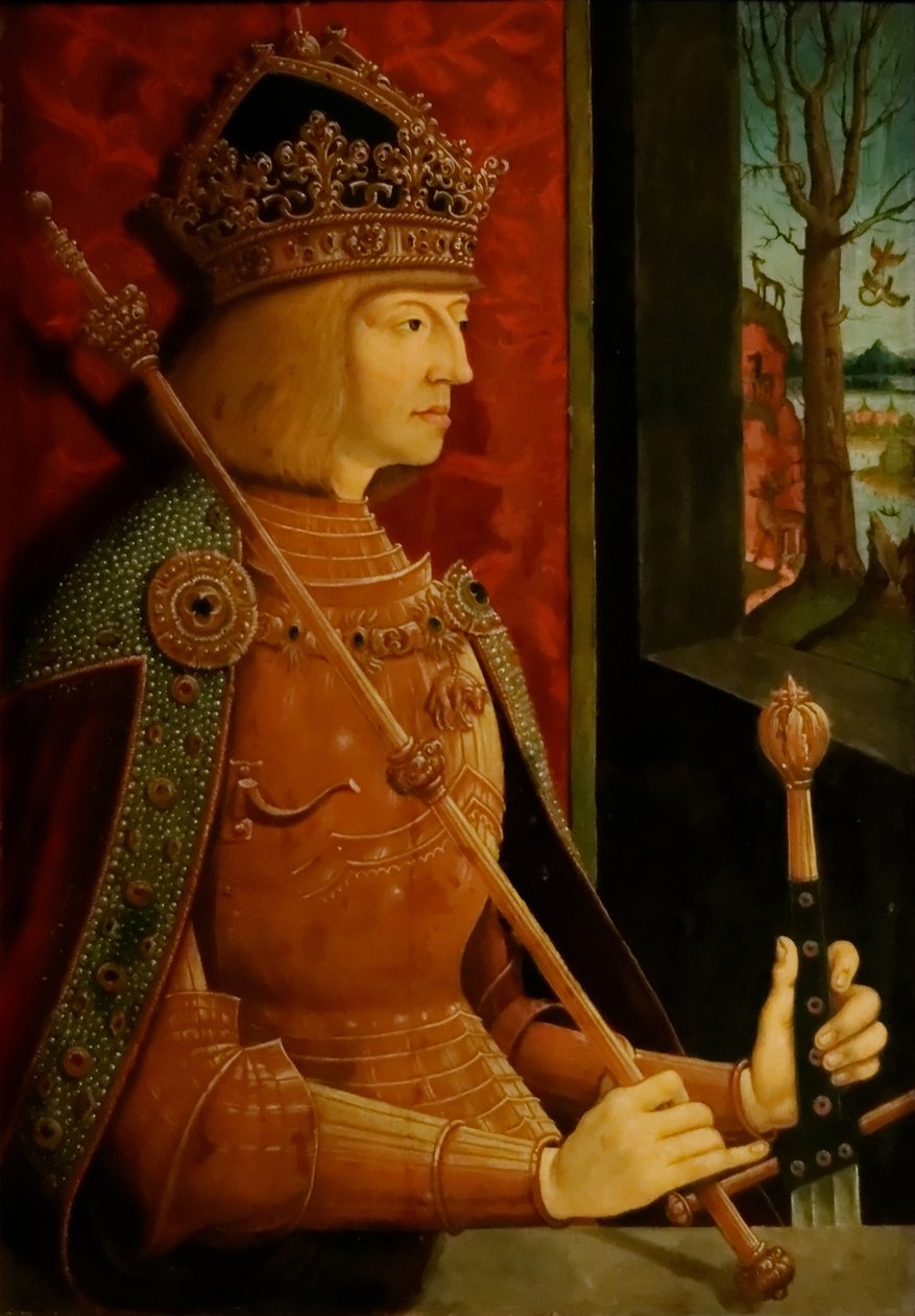 Keisari Maximilian I 1459-1519, kruunu, valtika ja miekka, n. 1500 tekijältä Bernhard Strigel