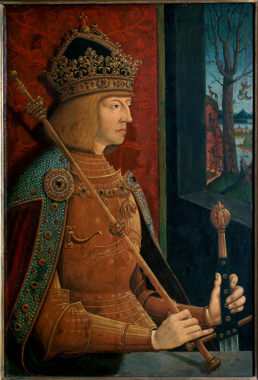 Keisari Maximilian I, kruunu, valtikka ja miekka tekijältä Bernhard Strigel