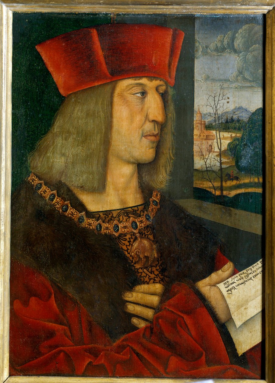 Keisari Maximilian I:n (1459-1519) muotokuva Bernard Strigelin (1460-1528) maalaus 1400-luvulta. Koko 0,38 x 0,28 m tekijältä Bernhard Strigel