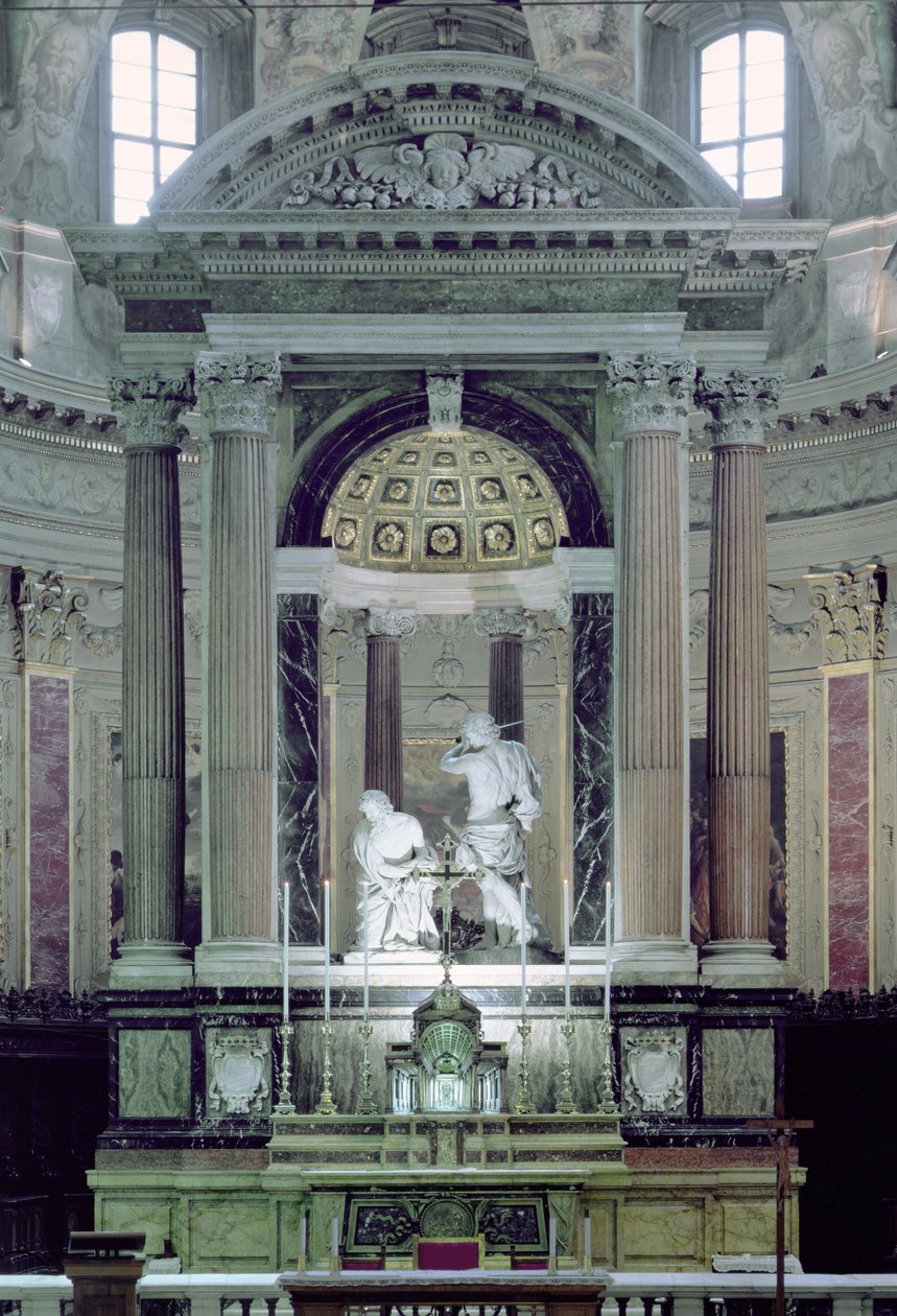 Näkymä korkealta alttarilta, joka esittää Pyhän Paavalin marttyyrikuoleman (marmori) tekijältä Bernini Algardi A. and Bitonto