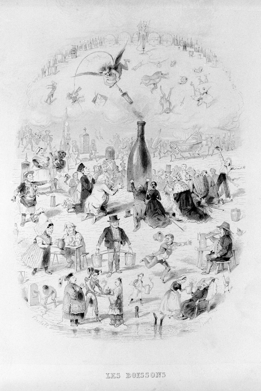 Juomat: väkijoukko palvomassa viinipullon ja erityyppisten juomien ääressä Brillatissa - Bertallin kuvittama Savarin. Pariisi 1840. Jean Anthelme Brillat Savarin (Brillat-Savarin) (1755-1826) Ranskalainen gastronomi. tekijältä Bertall