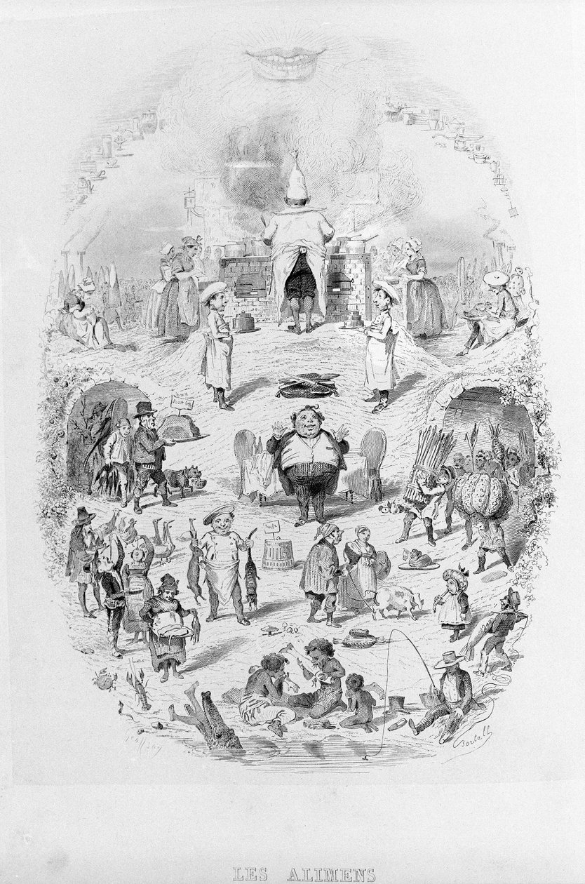 Ruoka: ruoanlaitto ja erilaiset ruoanvalmistustavat Brillatissa - Bertallin kuvittama Savarin. Pariisi 1840. tekijältä Bertall