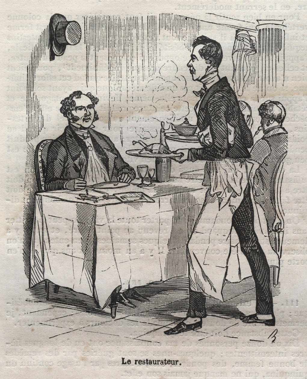 Restauraattori - kaiverrus Jean Anthelme Brillat Savarinin (Brillat-Savarin) kirjaan "La Physiologie du gout" tekijältä Bertall