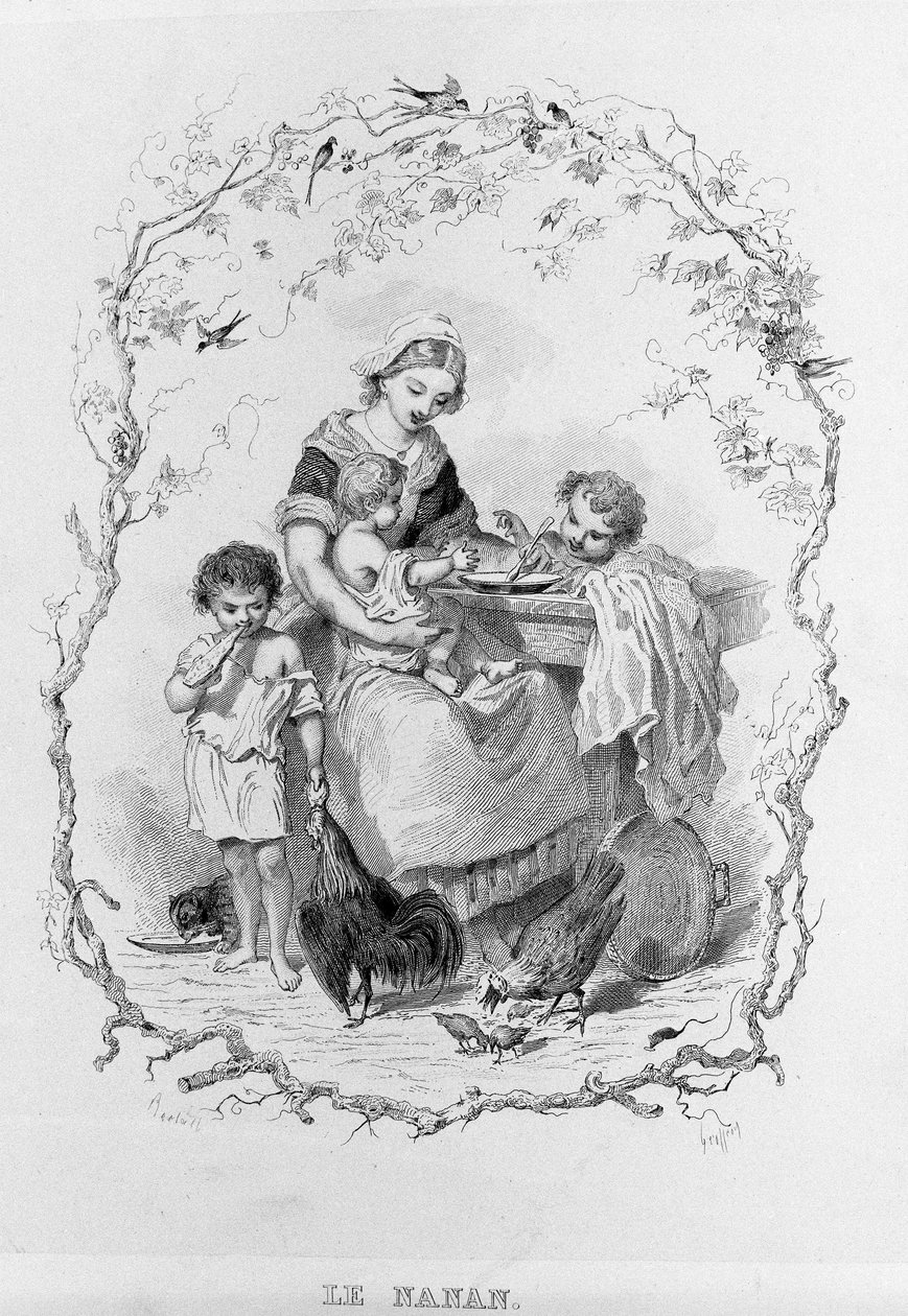 Nanan: nuori äiti antaa ruokaa kolmelle lapselleen Brillatin "La Physiologie du Gout" -kirjassa - Savarin kuvittanut Bertal. Pariisi 1840. Jean Anthelme Brillat Savarin (Brillat-Savarin) (1755-1826) Ranskalainen gastronomi. tekijältä Bertall