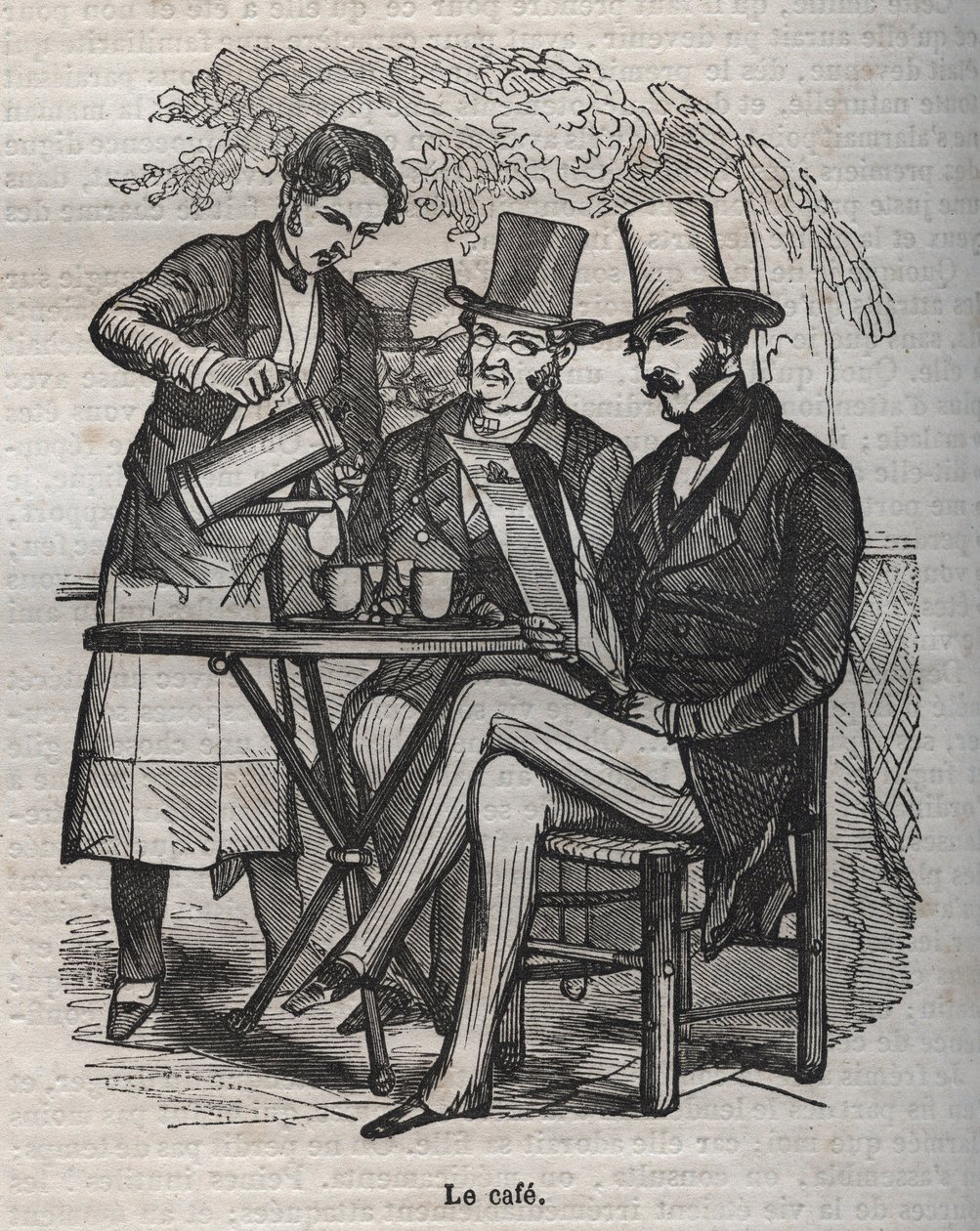 Kahvi - kaiverrus Jean Anthelme Brillat Savarinin kirjaan "La Physiologie du gout" tekijältä Bertall