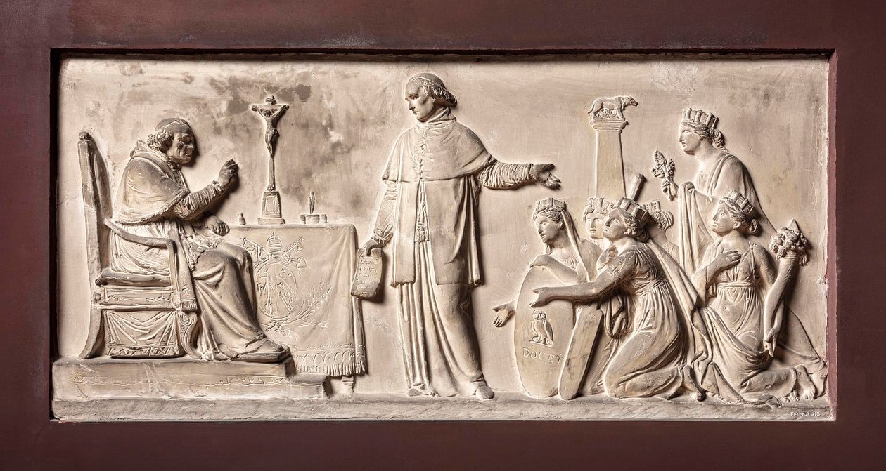 Kardinaali Ercole Consalvi palauttaa paavilliset maakunnat Pius VII:lle tekijältä Bertel Thorvaldsen