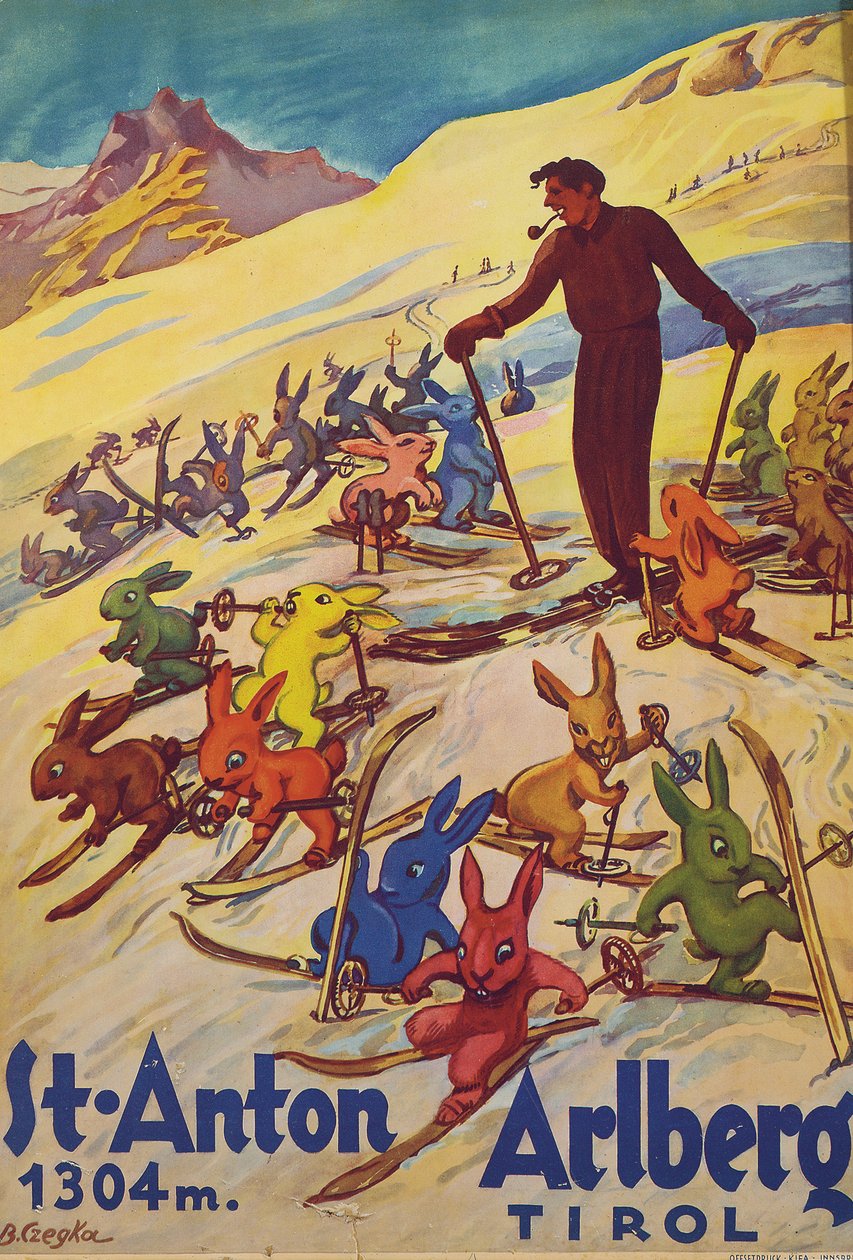 St. Anton, Arlberg, n.1930 (värilitografia). tekijältä Bertha Czegka