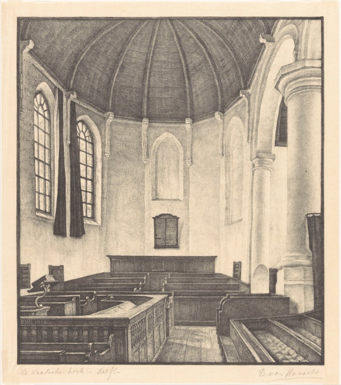 Waalsche Kerk Delftissä (alkuperäinen nimi esineessä) tekijältä Bertha van Hasselt (signed by artist)