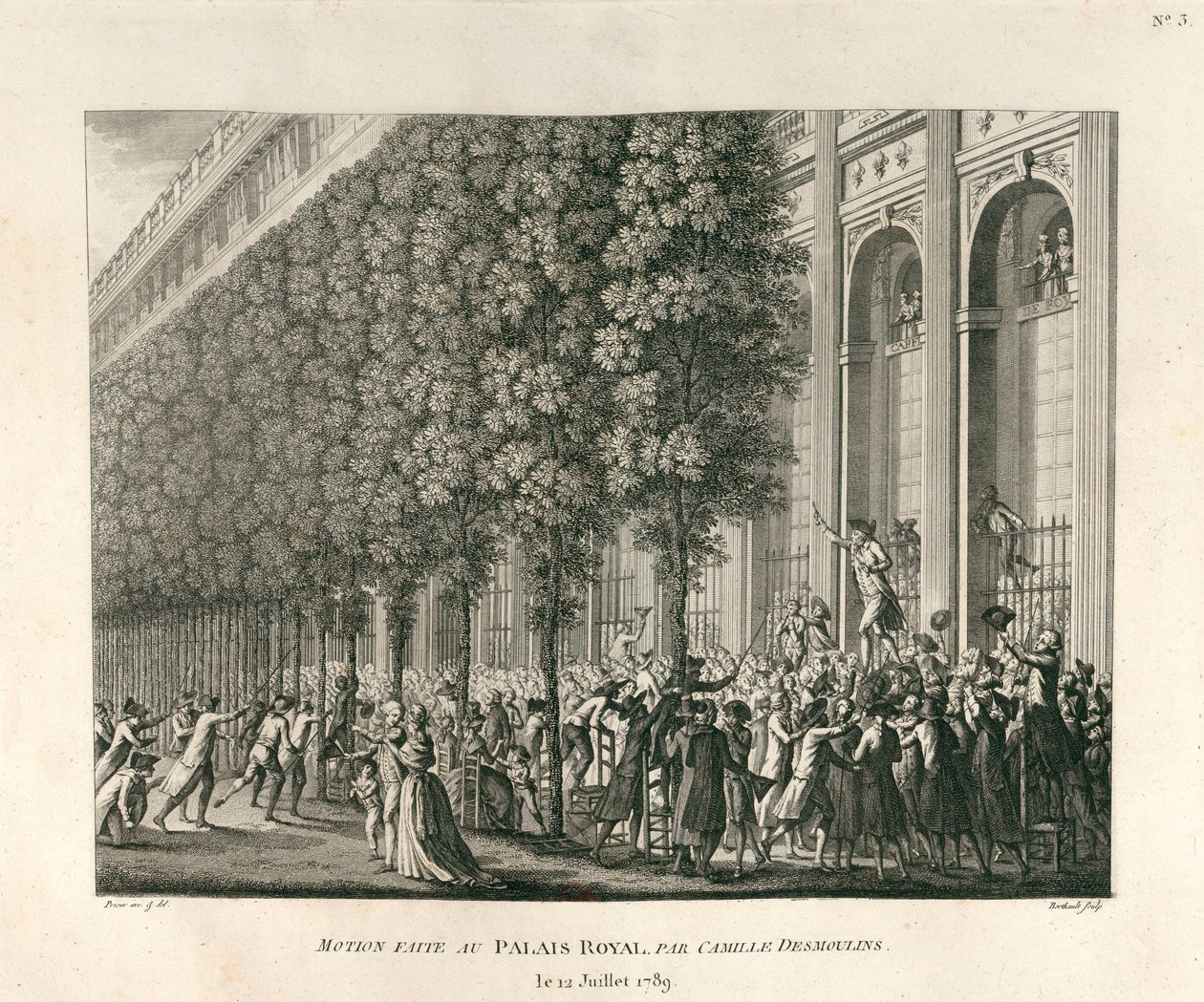 Camille Desmoulinsin Palais Royalissa 12. heinäkuuta 1789 tekemä esitys. tekijältä Berthault