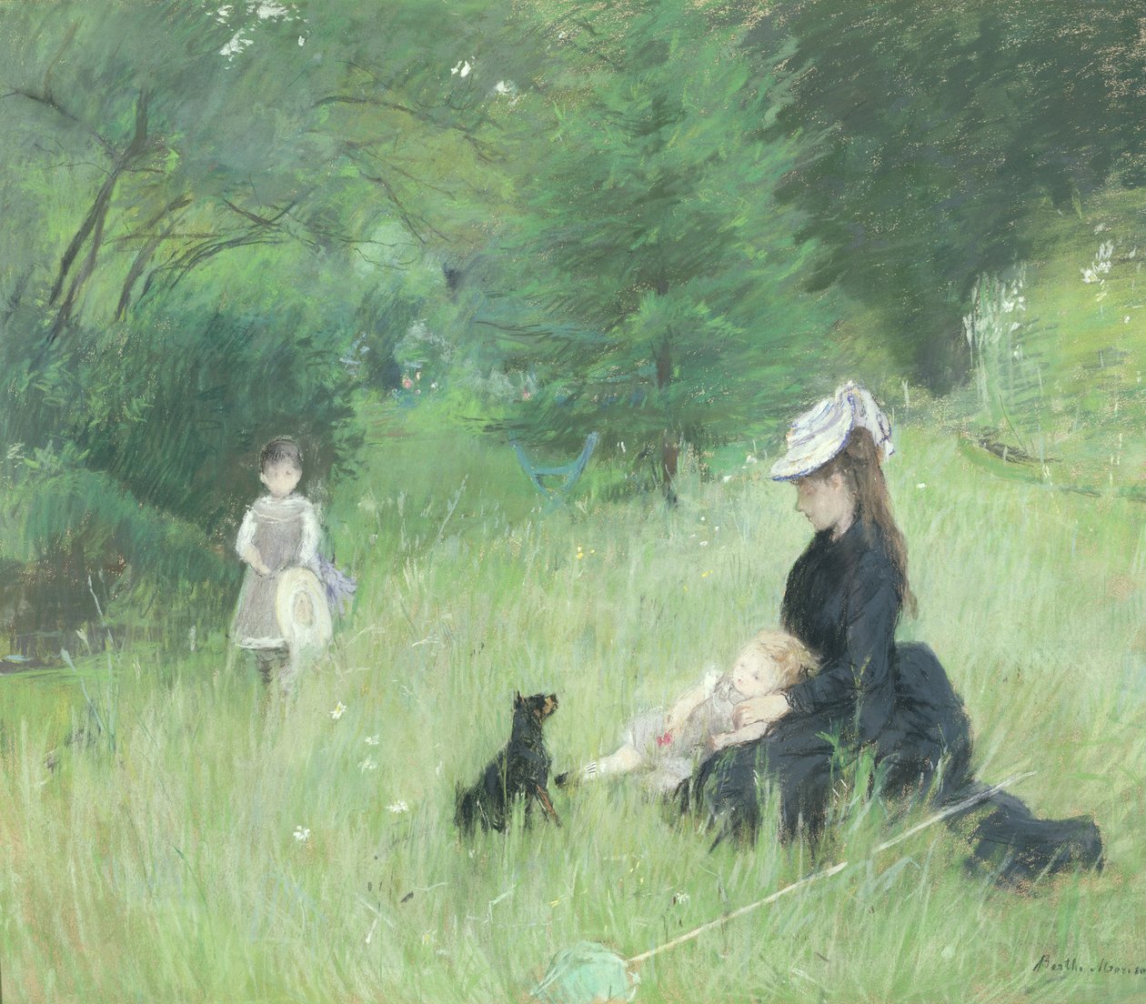 Puistossa, n. 1874 (pastelli paperille) tekijältä Berthe Morisot