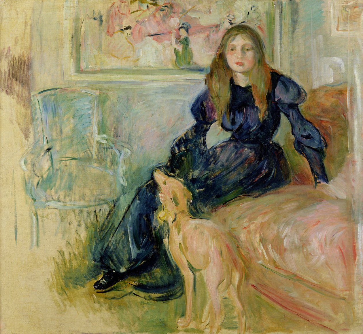 Julie Manet (1878-1966) ja hänen vinttikoira Laerte, 1893 tekijältä Berthe Morisot
