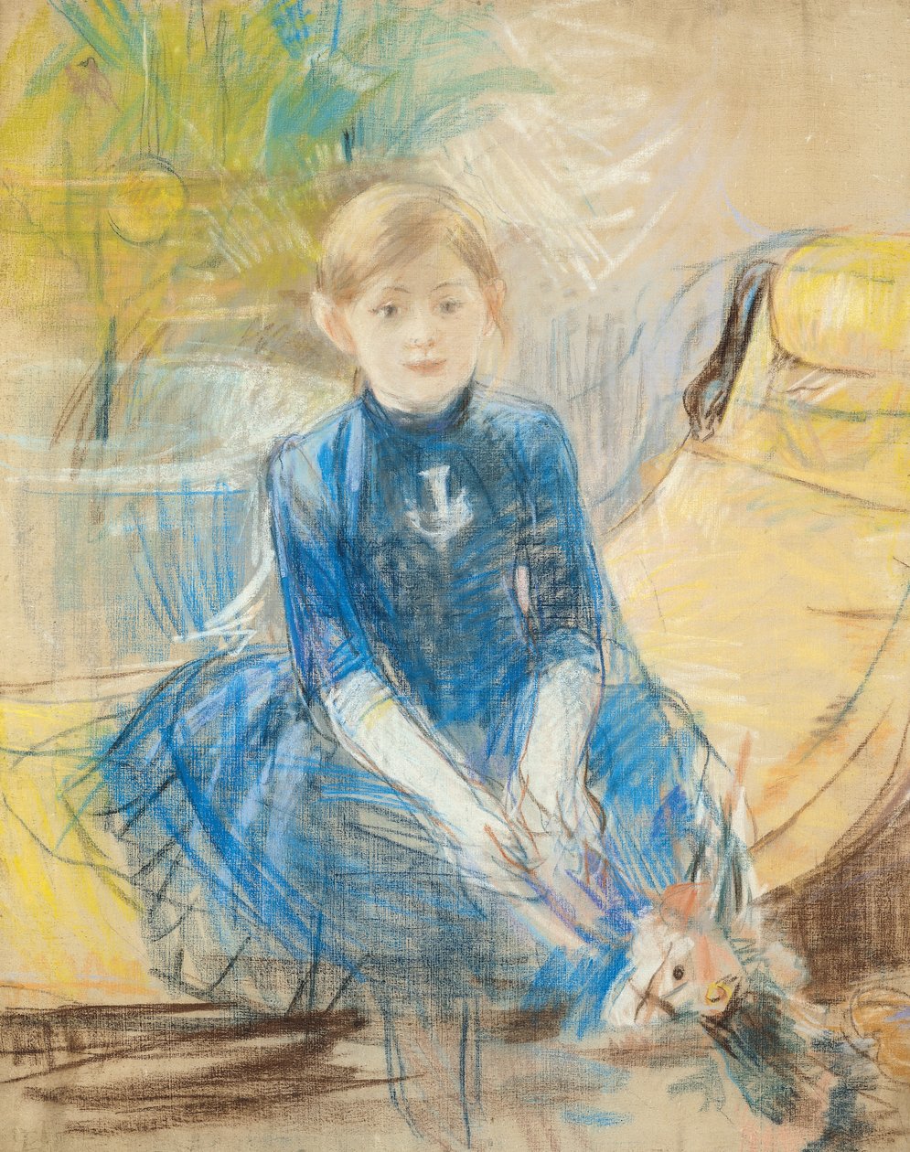 Pikkutyttö sinisellä paidalla, 1886 (pastelli kankaalle) tekijältä Berthe Morisot