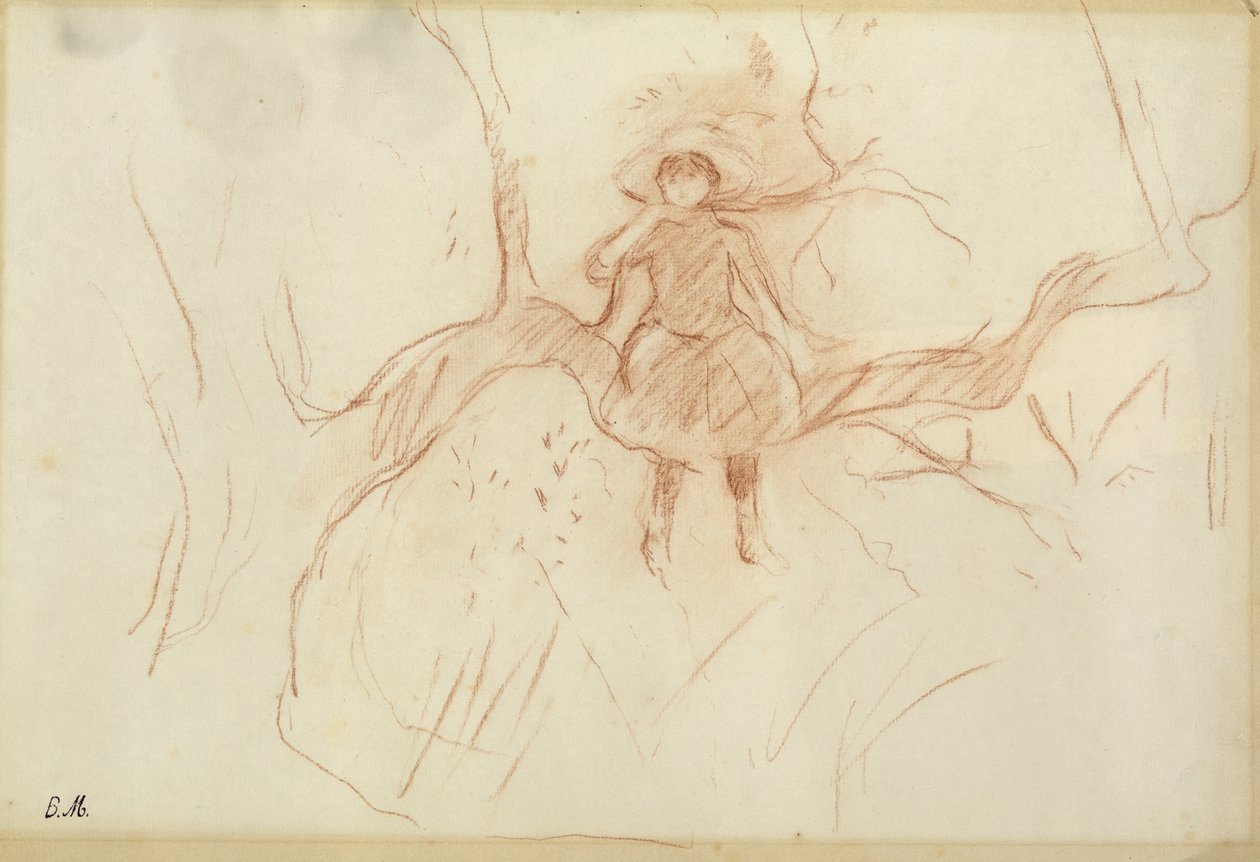 Istumassa puuhun, 1889 (punainen liitu paperille) tekijältä Berthe Morisot