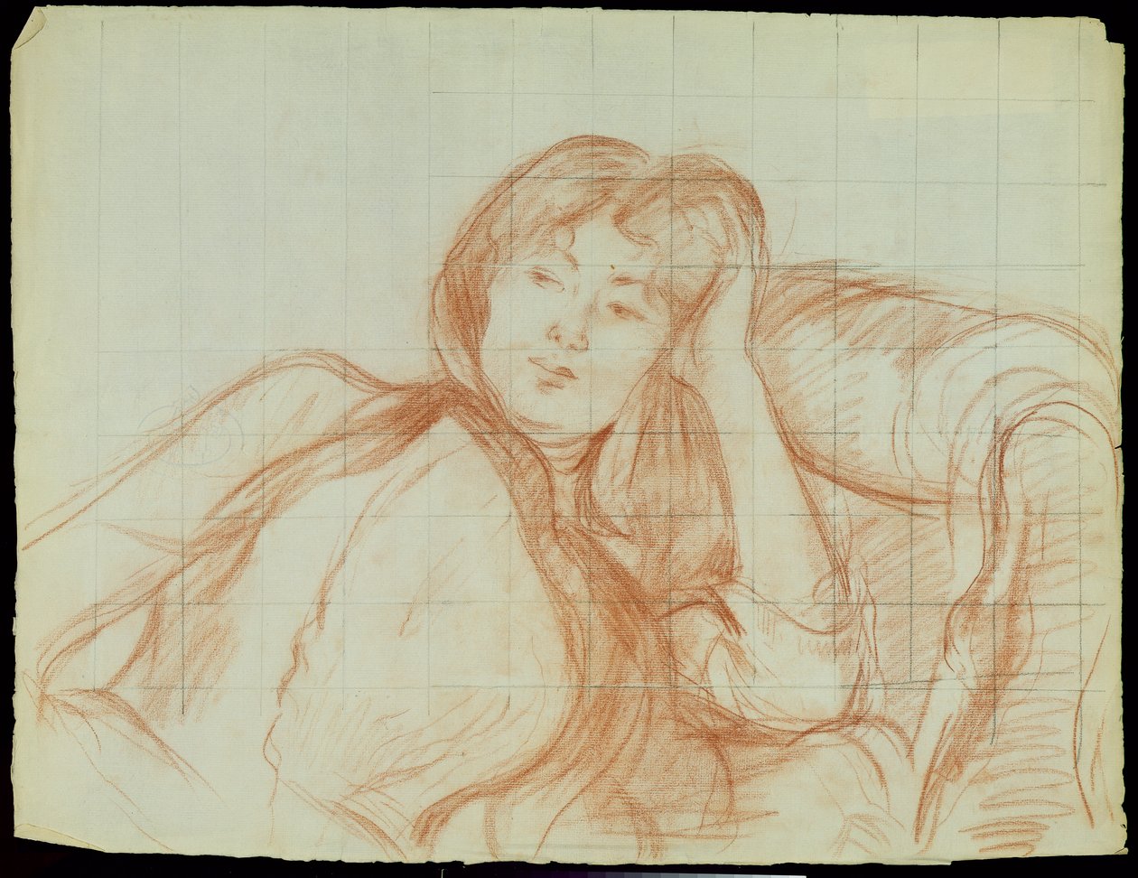Nuori tyttö nojaa kyynärpäähän, 1887 (punainen liitu paperille) tekijältä Berthe Morisot