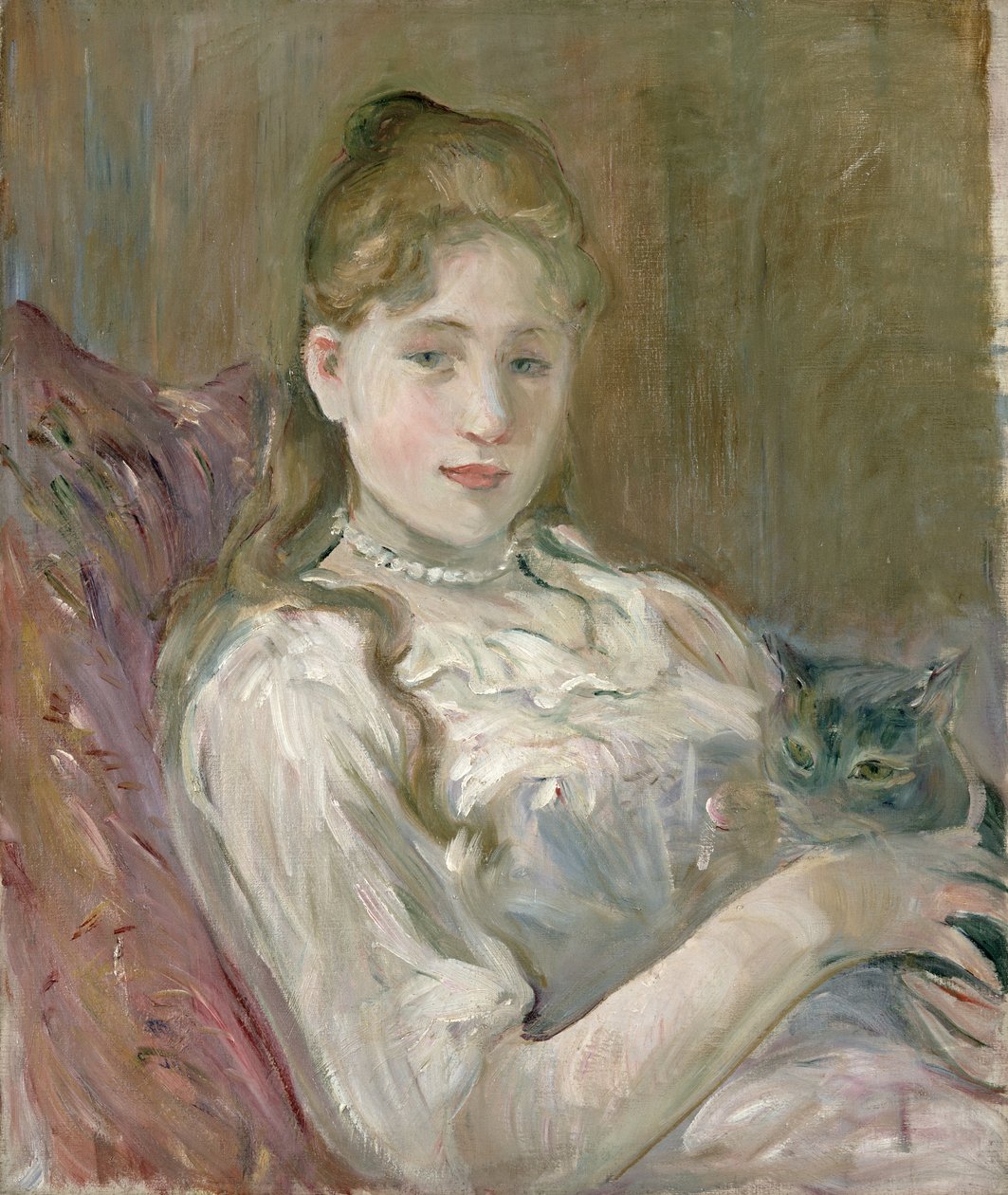 Nuori tyttö kissan kanssa, 1892 tekijältä Berthe Morisot