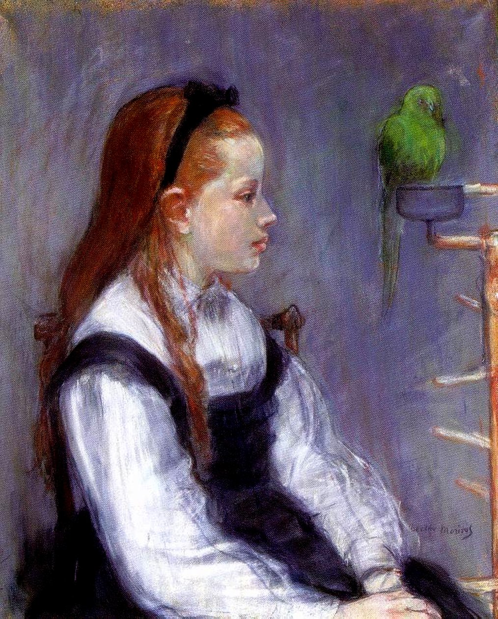 Nuori tyttö papukaijan kanssa, n. 1873 (pastelli paperille) tekijältä Berthe Morisot