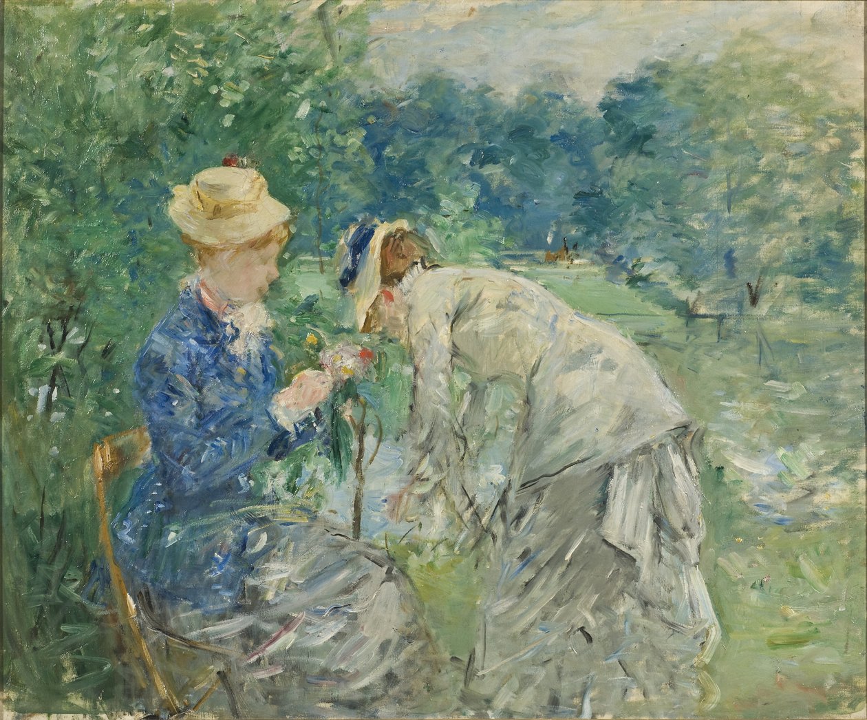 Au bois de Boulogne - Bois de Boulognessa, Morisot, Berthe (1841-1895). Öljy kankaalle, ennen 1880. Mitat : 61x73,5 cm. Tukholman kansallismuseo tekijältä Berthe Morisot
