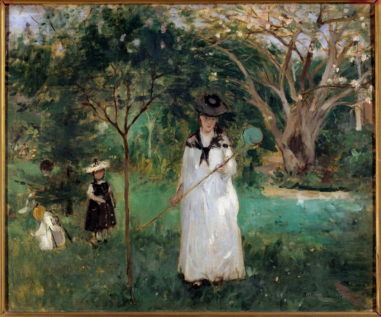 Perhosmetsästys Nuori nainen, jolla on perhosverkko. Berthe Morisotin (1841-1895) maalaus 1874 su. 0,46x0,56 m Pariisi, musee d