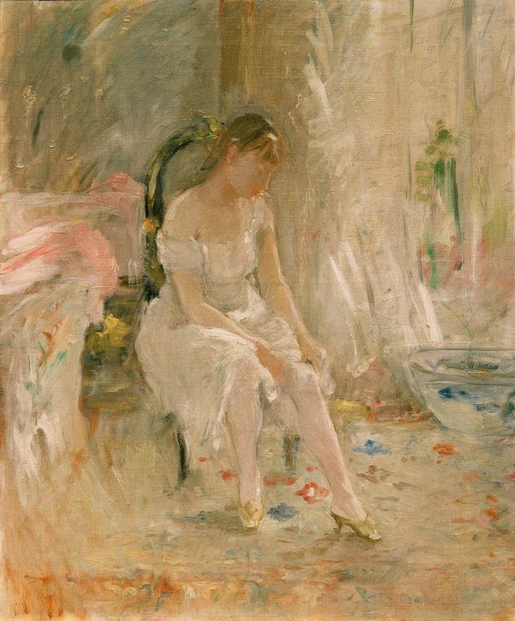 Nainen pukeutuu tai nuori tyttö pukee sukkia tekijältä Berthe Morisot