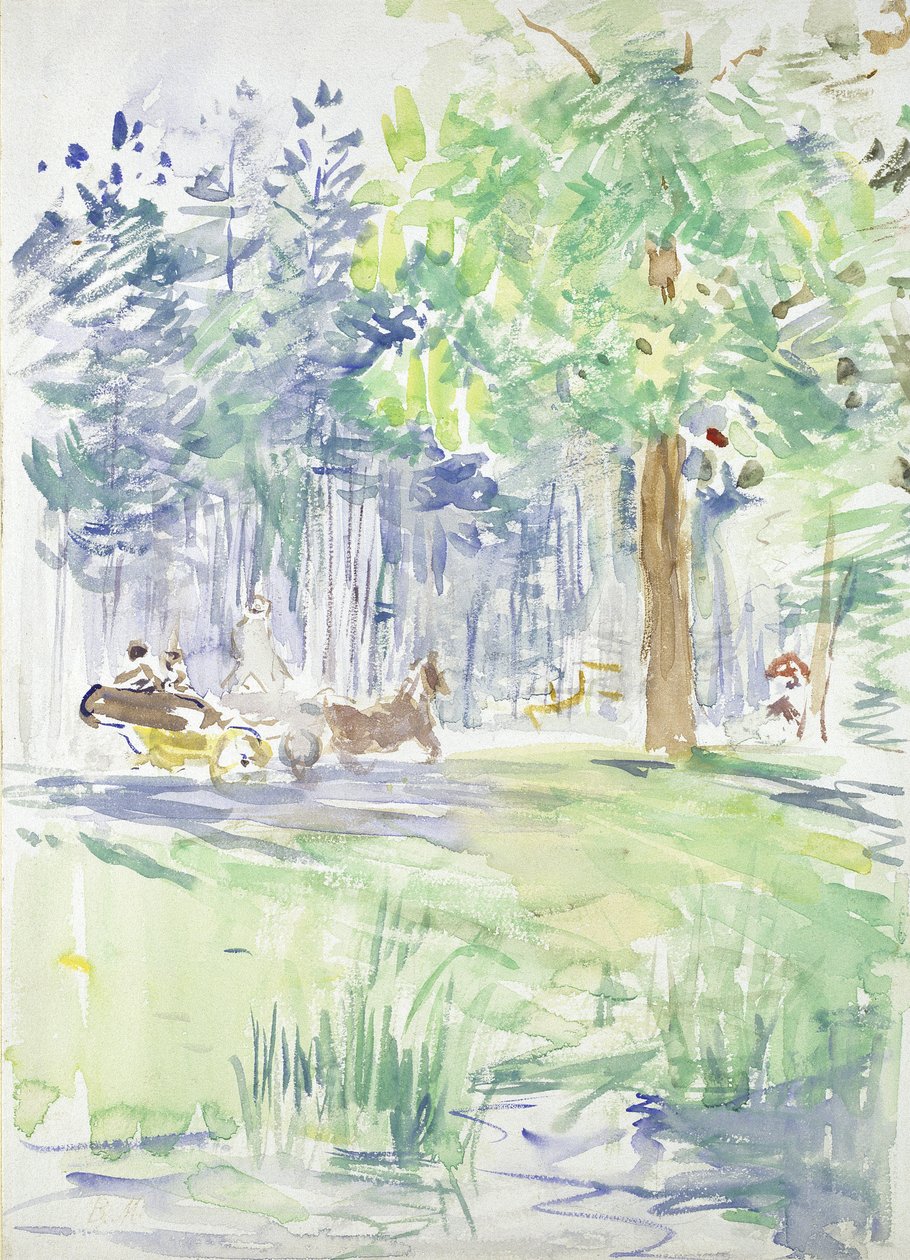 Hevonen ja vaunut metsätiellä, vuoden 1883 jälkeen (akvarelli valkoisella kudottupaperilla) tekijältä Berthe Morisot