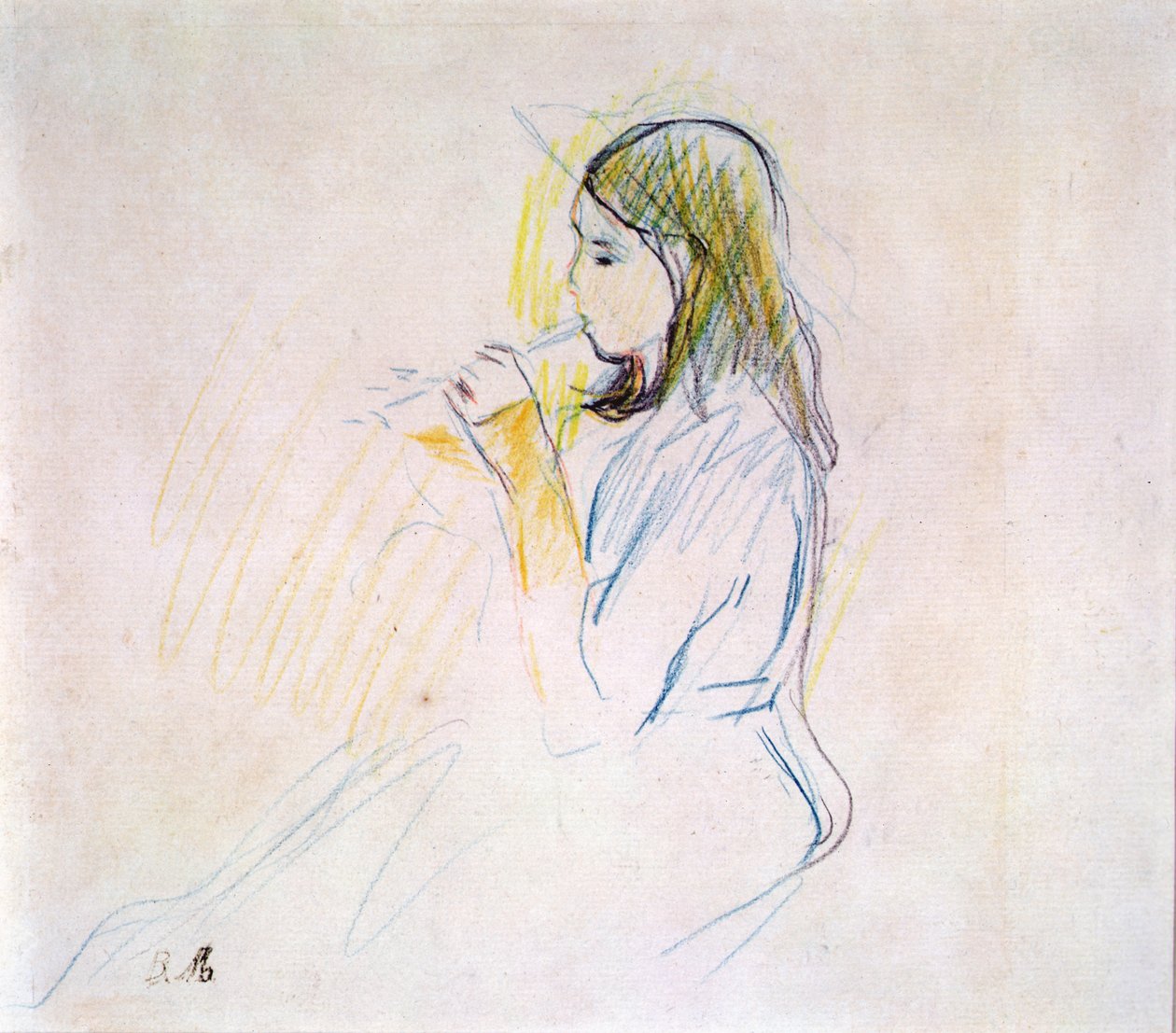 Manetin tytär soittamassa soitinta (värikynä paperilla) tekijältä Berthe Morisot