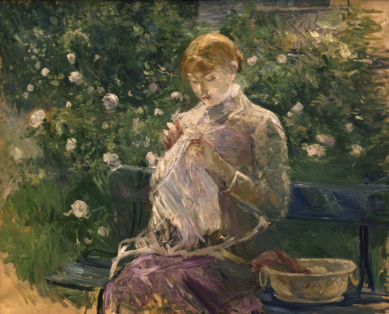 Pasie ompelee Bougivalin puutarhassa - 1881 - 81 × 100 cm - öljy kankaalle tekijältä Berthe Morisot