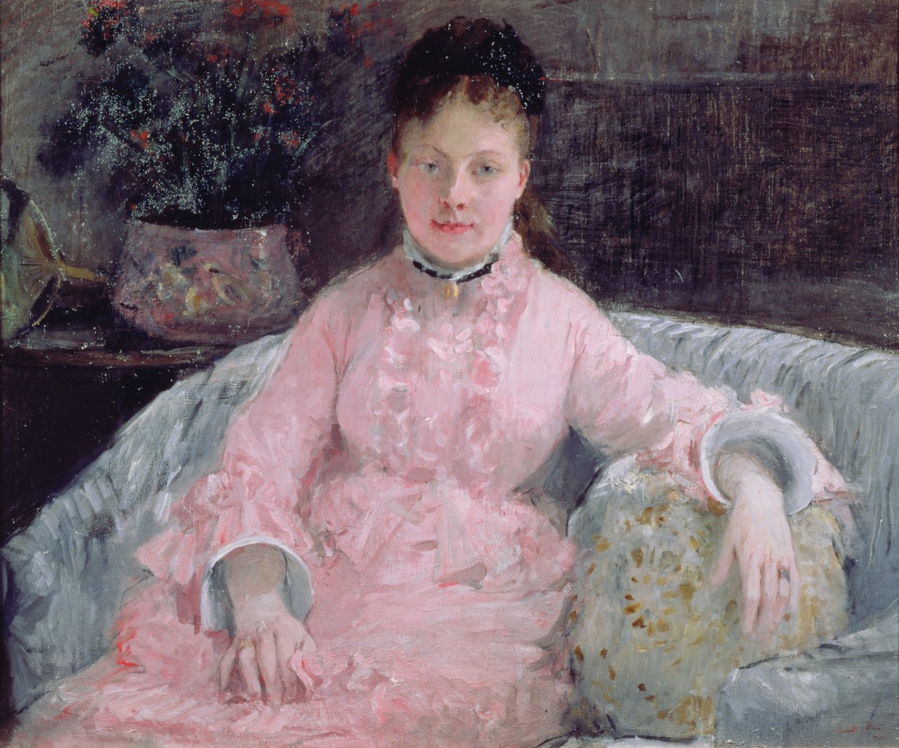 Muotokuva naisesta vaaleanpunaisessa mekossa tekijältä Berthe Morisot