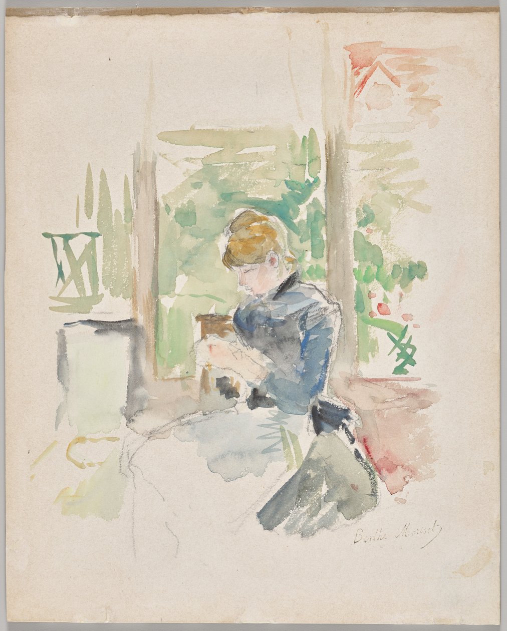 Ompelu ikkunan äärellä tekijältä Berthe Morisot