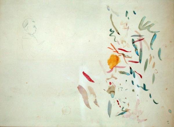 Luonnos naisen päästä ja väriviivat, mahdollisesti luonnosvihkosta, 1887 (wc ja kynä paperille) tekijältä Berthe Morisot